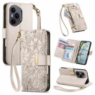 For Honor 400 Pro Glodal 160.8mm Flowers Leaves Zipper Wallet Leather Phone Case with Strap(Khaki)