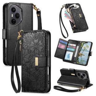 For Honor 400 Pro Glodal 160.8mm Flowers Leaves Zipper Wallet Leather Phone Case with Strap(Black)