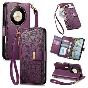 For Honor X9b / X50 Flowers Leaves Zipper Wallet Leather Phone Case with Strap(Purple)