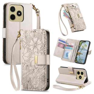 For Realme C63 4G Flowers Leaves Zipper Wallet Leather Phone Case with Strap(Khaki)