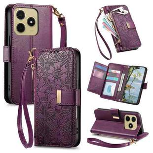 For Realme C75 4G Flowers Leaves Zipper Wallet Leather Phone Case with Strap(Purple)