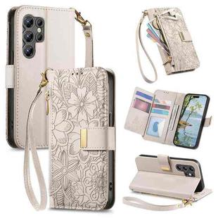 For Oukitel C1 Flowers Leaves Zipper Wallet Leather Phone Case with Strap(Khaki)