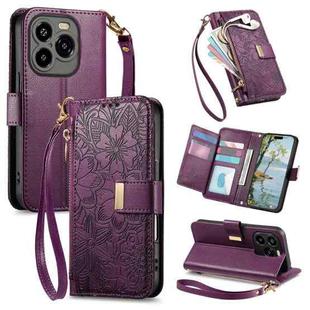 For Oukitel C65 Flowers Leaves Zipper Wallet Leather Phone Case with Strap(Purple)