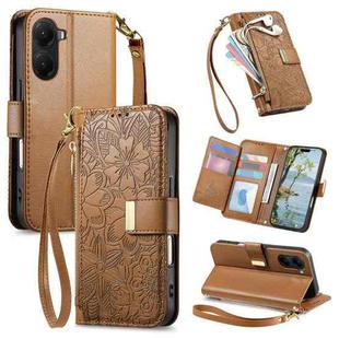 For Xiaomi Poco C71 4G Flowers Leaves Zipper Wallet Leather Phone Case with Strap(Brown)