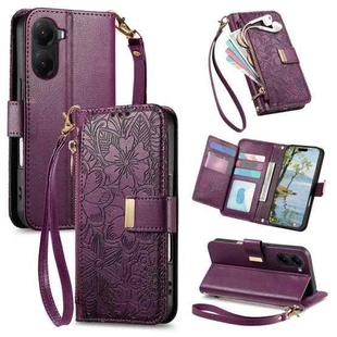 For Redmi A5 4G 171.7mm Flowers Leaves Zipper Wallet Leather Phone Case with Strap(Purple)