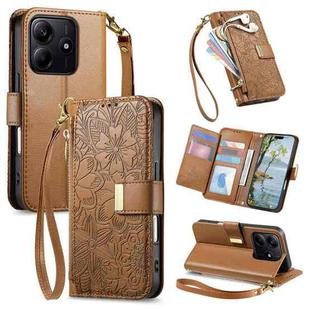 For Redmi Note 14 5G Flowers Leaves Zipper Wallet Leather Phone Case with Strap(Brown)