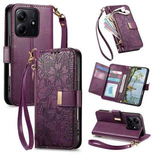 For Redmi Note 14 5G Flowers Leaves Zipper Wallet Leather Phone Case with Strap(Purple)