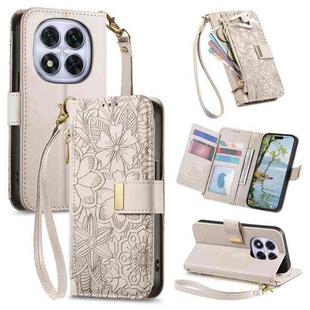 For Redmi Note 14 Pro+ 5G Flowers Leaves Zipper Wallet Leather Phone Case with Strap(Khaki)
