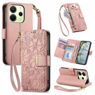 For Redmi Note 12 Turbo Flowers Leaves Zipper Wallet Leather Phone Case with Strap(Pink)