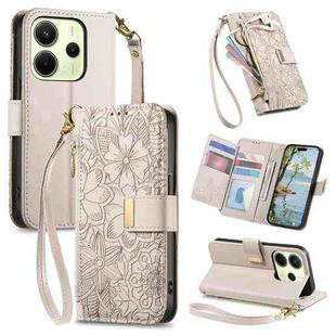 For Redmi Note 12 Turbo Flowers Leaves Zipper Wallet Leather Phone Case with Strap(Khaki)