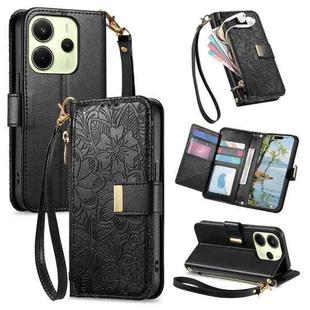 For Redmi Note 12 Turbo Flowers Leaves Zipper Wallet Leather Phone Case with Strap(Black)