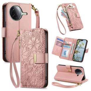 For Redmi K80 / Poco F7 Pro Flowers Leaves Zipper Wallet Leather Phone Case with Strap(Pink)