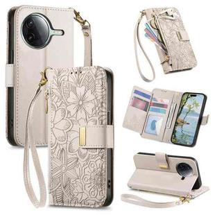 For Redmi K80 / Poco F7 Pro Flowers Leaves Zipper Wallet Leather Phone Case with Strap(Khaki)