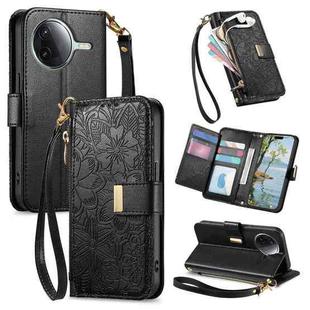 For Redmi K80 / Poco F7 Pro Flowers Leaves Zipper Wallet Leather Phone Case with Strap(Black)