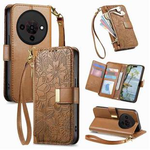 For ZTE Blade A76 5G Flowers Leaves Zipper Wallet Leather Phone Case with Strap(Brown)