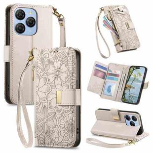 For Blackview Shark 9 5G Flowers Leaves Zipper Wallet Leather Phone Case with Strap(Khaki)