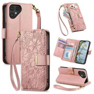 For Fairphone 6 Flowers Leaves Zipper Wallet Leather Phone Case with Strap(Pink)