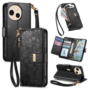 For Sharp Aquos Sense9 Flowers Leaves Zipper Wallet Leather Phone Case with Strap(Black)