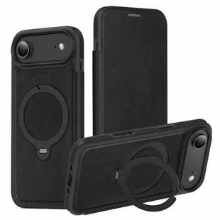 For iPhone 17 Knight Shield 360 Rotation Holder MagSafe RFID Leather Phone Case(Black)