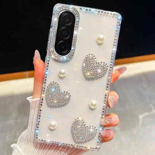 For Samsung Galaxy A36 5G Diamond Glitter Pearl Heart Four-Corner Shockproof Phone Case(Transparent)