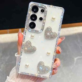 For Samsung Galaxy S25 Ultra 5G Diamond Glitter Pearl Heart Four-Corner Shockproof Phone Case(White)