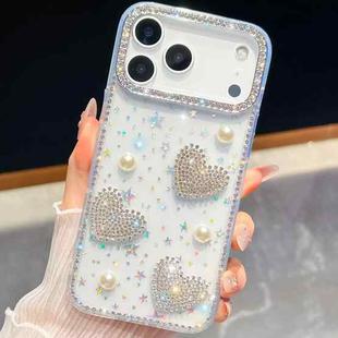 For iPhone 17 Pro Diamond Glitter Pearl Heart Four-Corner Shockproof Phone Case(Transparent Stars)
