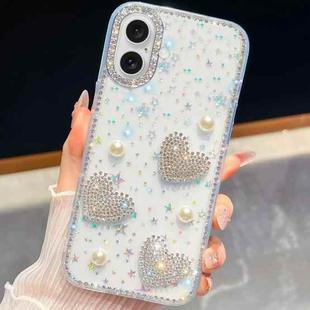 For iPhone 16 Plus Diamond Glitter Pearl Heart Four-Corner Shockproof Phone Case(Transparent Stars)