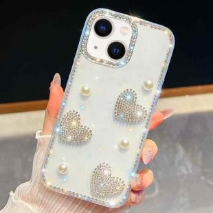 For iPhone 15 Diamond Glitter Pearl Heart Four-Corner Shockproof Phone Case(Transparent)