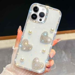 For iPhone 14 Pro Max Diamond Glitter Pearl Heart Four-Corner Shockproof Phone Case(Transparent)