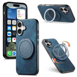 For iPhone 16 Retro Leather Rotation Round Holder Phone Case(Blue)
