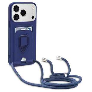 For iPhone 17 Pro Sliding Camshield Magnetic Card Holder Silicone Phone Case with Lanyard(Navy Blue)