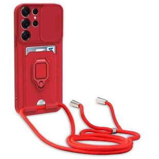 For Samsung Galaxy S25 Ultra 5G Sliding Camshield Magnetic Card Holder Silicone Phone Case with Lanyard(Red)
