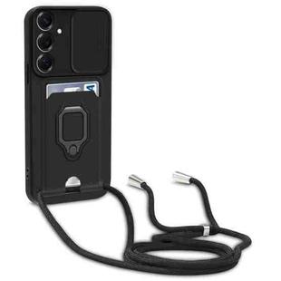 For Samsung Galaxy S24 FE 5G Sliding Camshield Magnetic Card Holder Silicone Phone Case with Lanyard(Black)
