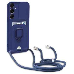For Samsung Galaxy A54 5G Sliding Camshield Magnetic Card Holder Silicone Phone Case with Lanyard(Navy Blue)