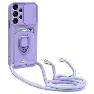 For Samsung Galaxy A53 5G Sliding Camshield Magnetic Card Holder Silicone Phone Case with Lanyard(Light Purple)