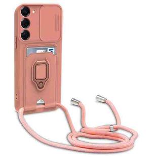 For Samsung Galaxy S22+ 5G Sliding Camshield Magnetic Card Holder Silicone Phone Case with Lanyard(Pink)