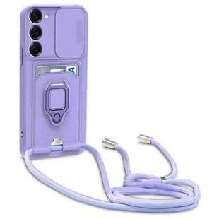 For Samsung Galaxy S22+ 5G Sliding Camshield Magnetic Card Holder Silicone Phone Case with Lanyard(Light Purple)