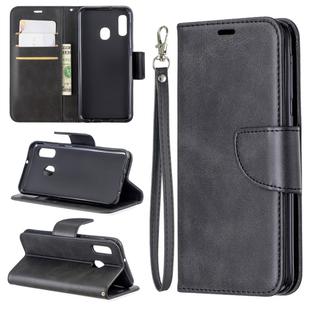 Retro Lambskin Texture Pure Color Horizontal Flip PU Leather Case for Galaxy A20E, with Holder & Card Slots & Wallet & Lanyard(Black)