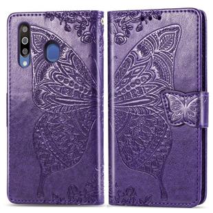 Butterfly Love Flowers Embossing Horizontal Flip Leather Case For Galaxy M30 with Holder & Card Slots & Wallet & Lanyard(Dark purple)