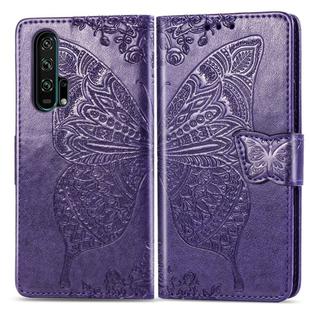 Butterfly Love Flowers Embossing Horizontal Flip Leather Case For Huawei Honor 20 Pro with Holder & Card Slots & Wallet & Lanyard(Dark purple)