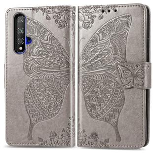 Butterfly Love Flowers Embossing Horizontal Flip Leather Case For Huawei Honor 20 with Holder & Card Slots & Wallet & Lanyard(Gray)