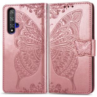 Butterfly Love Flowers Embossing Horizontal Flip Leather Case For Huawei Honor 20 with Holder & Card Slots & Wallet & Lanyard(Rose gold)