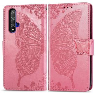 Butterfly Love Flowers Embossing Horizontal Flip Leather Case For Huawei Honor 20 with Holder & Card Slots & Wallet & Lanyard(Pink)