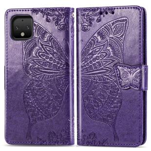 Butterfly Love Flowers Embossing Horizontal Flip Leather Case For Google Pixel 4 XL with Holder & Card Slots & Wallet & Lanyard(Dark purple)