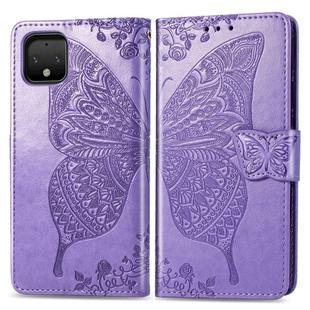 Butterfly Love Flowers Embossing Horizontal Flip Leather Case For Google Pixel 4 with Holder & Card Slots & Wallet & Lanyard(Light purple)