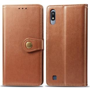 Retro Solid Color Leather Buckle Mobile Phone Protection Leather Case with Photo Frame & Card Slot & Wallet & Bracket Function for Galaxy A10(Brown)