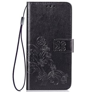 For iPhone 11 Pro Max Four-leaf Clasp Embossed Buckle Mobile Phone Protection Leather Case with Lanyard & Card Slot & Wallet & Bracket Function (Black)