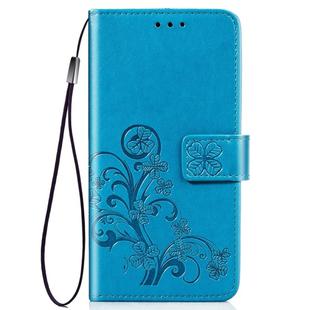 For iPhone 11 Pro Max Four-leaf Clasp Embossed Buckle Mobile Phone Protection Leather Case with Lanyard & Card Slot & Wallet & Bracket Function (Blue)