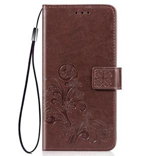 For iPhone 11 Four-leaf Clasp Embossed Buckle Mobile Phone Protection Leather Case with Lanyard & Card Slot & Wallet & Bracket Function (Brown)