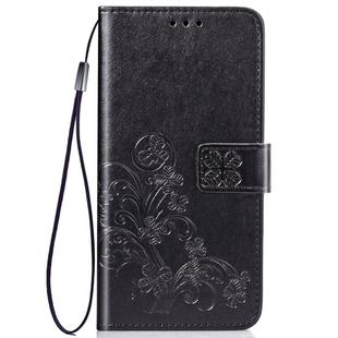 For iPhone 11 Pro Four-leaf Clasp Embossed Buckle Mobile Phone Protection Leather Casewith Lanyard & Card Slot & Wallet & Bracket Function (Black)